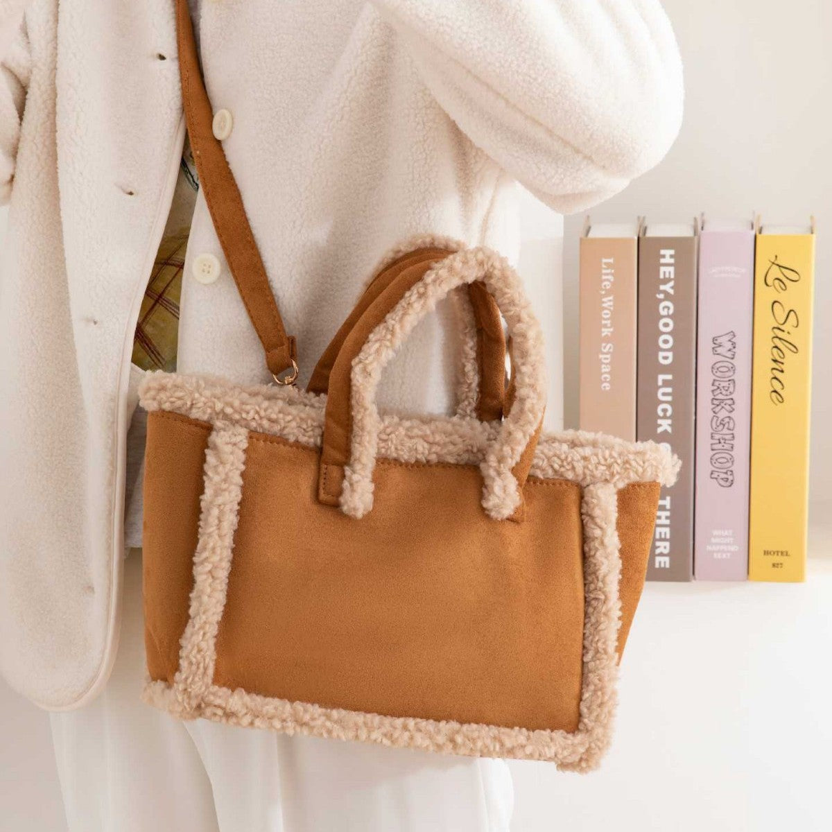 Womens Plush Crossbody Tote Bag