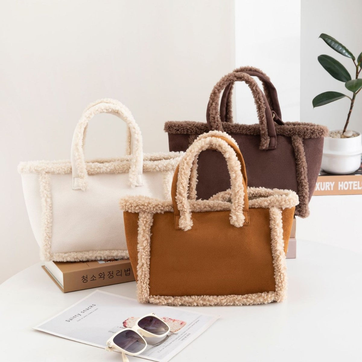 Womens Plush Crossbody Tote Bag