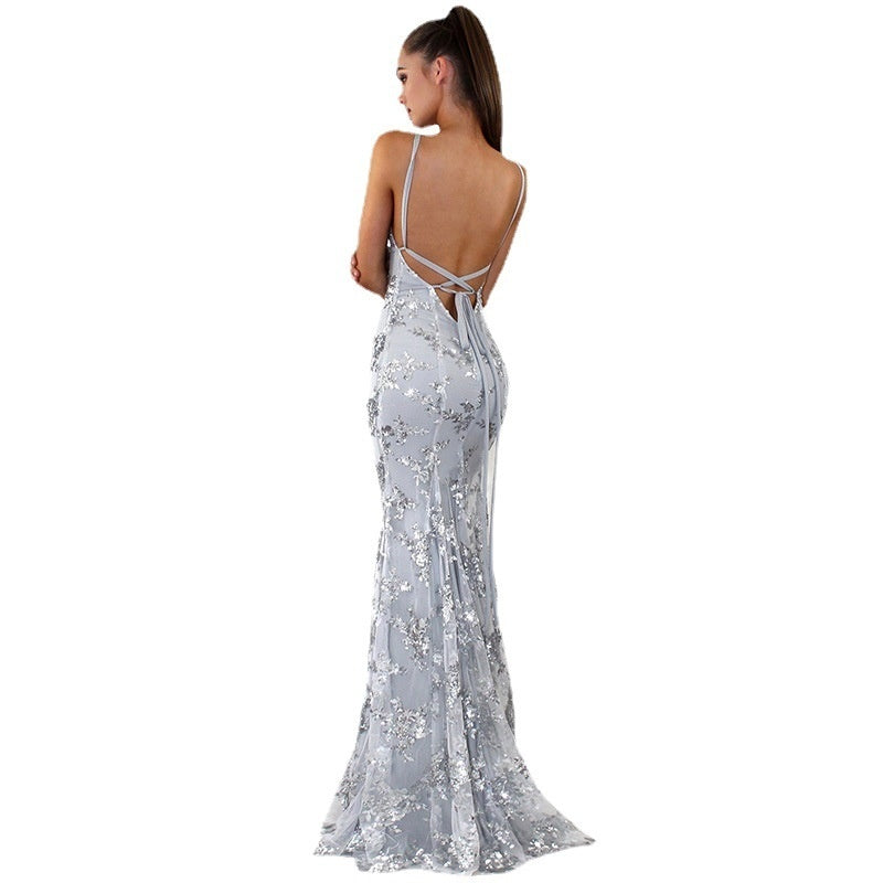 Dress V-neck Brace Backless Sequined Long Night Dresses High Waist Dance Wedding Prom Bridesmaid Maxi